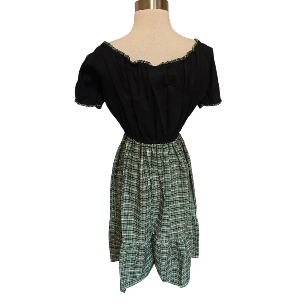 1960s 70s Vintage Womens Dress High Waist Green Plaid Schoolgirl Cinch Tie Bust - Picture 6 of 8